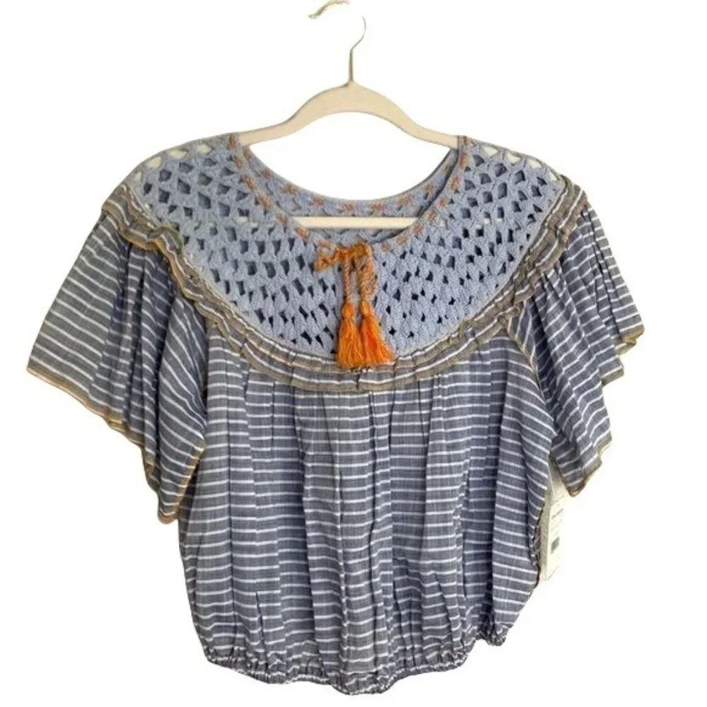 Free People Allora Blouse Size Small Crochet Neckline Striped Blue Orange New